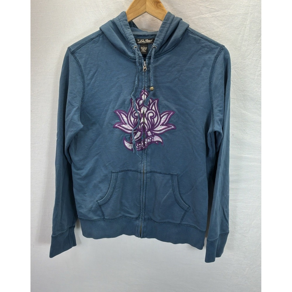 Rare Vintage Y2K Lucky Brand Teal Purple Lotus Peace Embroidered Boho Hoodie LG